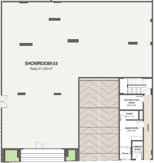Showroom 03 outline on the ground floor plan