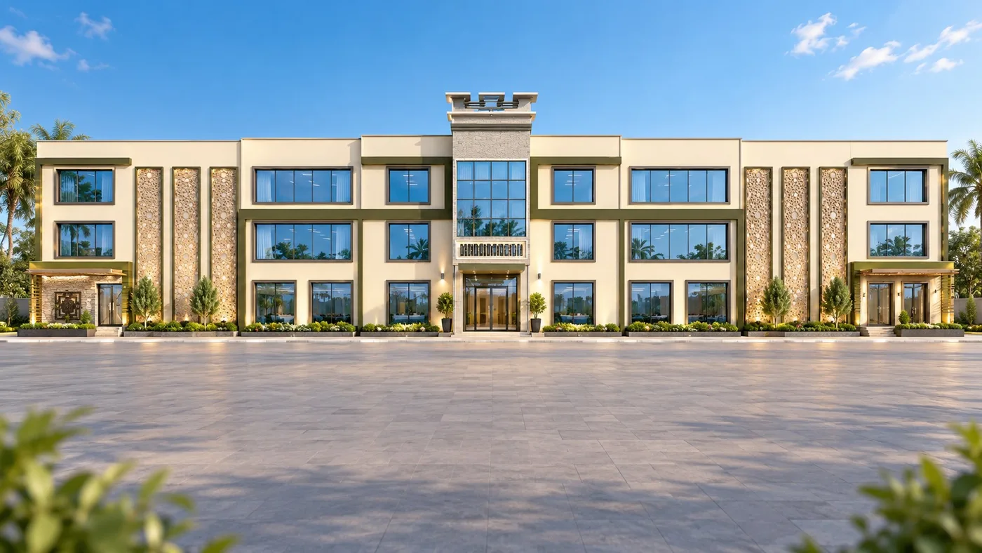 Concept render of Commercial Building 2: a three-storey building with a glazed central entrance and a forecourt.